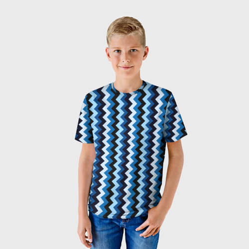 Детская футболка 3D с принтом Ломаные полосы синий, фото на моделе #1