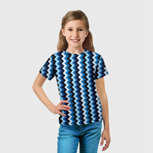 Детская футболка 3D с принтом Ломаные полосы синий, вид сбоку #3