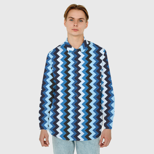 Мужская рубашка oversize 3D с принтом Ломаные полосы синий, фото на моделе #1