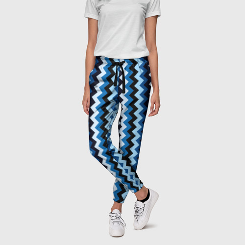 Женские брюки 3D с принтом Ломаные полосы синий, фото на моделе #1