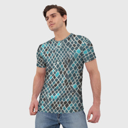 Мужская футболка 3D Белые полосы и синие квадраты - фото 2