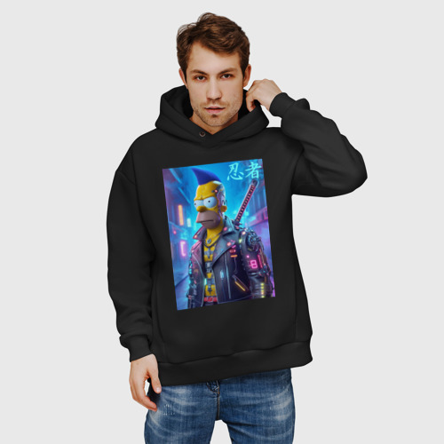 Мужское худи Oversize хлопок Cyber ninja Homer Simpson - ai art, цвет черный - фото 3