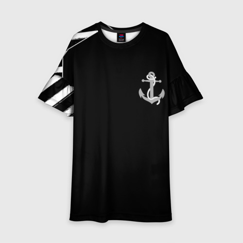 Детское платье 3D Военно морская чёрный белые полосы якорь  , цвет 3D печать