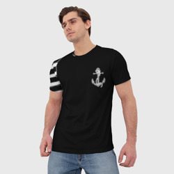 Мужская футболка 3D Военно морская чёрный белые полосы якорь   - фото 2