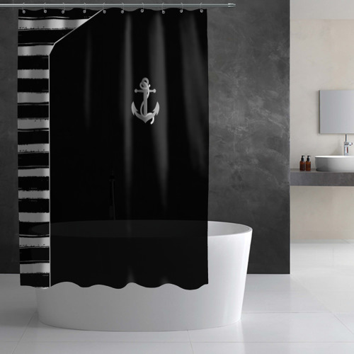 Штора 3D для ванной Военно морская чёрный белые полосы якорь   - фото 3