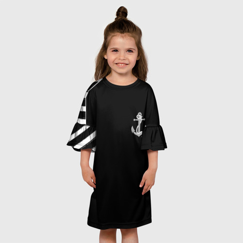 Детское платье 3D Военно морская чёрный белые полосы якорь  , цвет 3D печать - фото 4