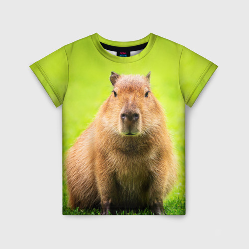 Детская футболка с принтом Capybara on green grass, вид спереди №1