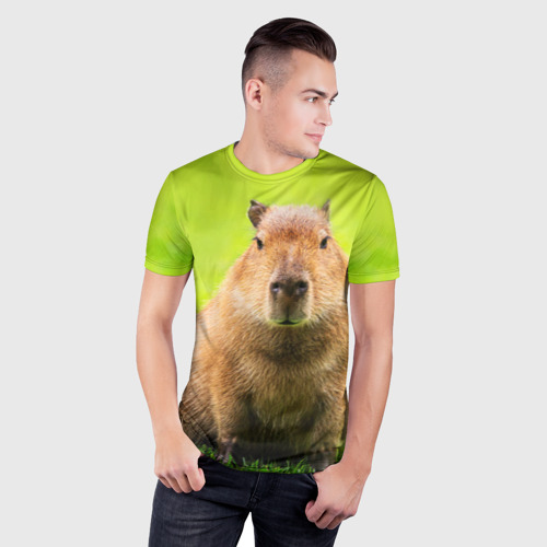 Мужская футболка 3D Slim Capybara on green grass , цвет 3D печать - фото 3