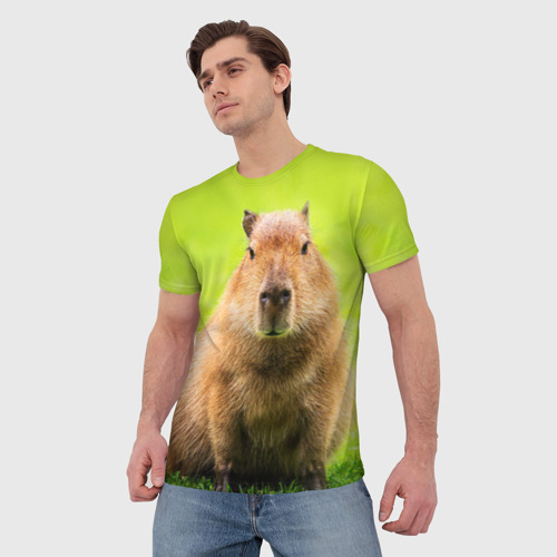 Мужская футболка 3D Capybara on green grass , цвет 3D печать - фото 3