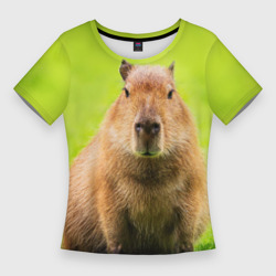 Женская футболка 3D Slim Capybara on green grass 