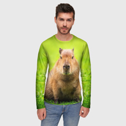 Мужской лонгслив 3D Capybara on green grass  - фото 2