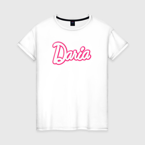Женская футболка из хлопка с принтом Дарья в стиле Барби - объемный шрифт, вид спереди №1