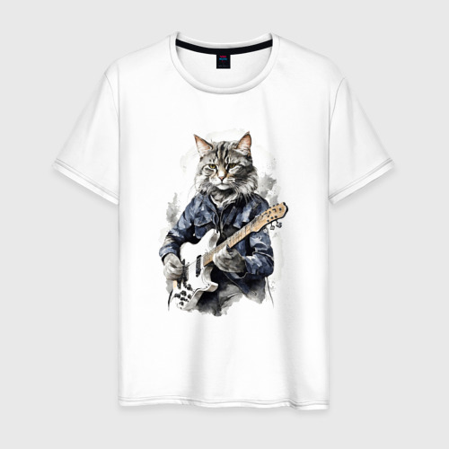 Мужская футболка из хлопка с принтом Рок-кот, вид спереди №1