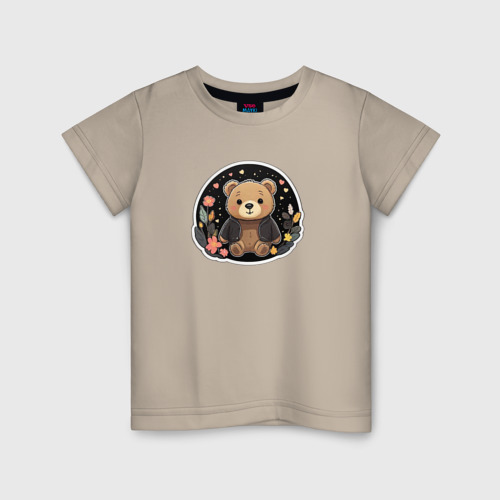 Детская футболка хлопок Милый плюшевый медвежонок в кофте, цвет миндальный