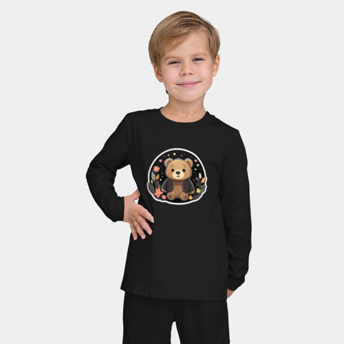 Детская пижама с лонгсливом хлопок с принтом Милый плюшевый медвежонок в кофте, фото на моделе #1