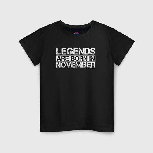 Детская футболка хлопок Legends are born in November inscription, цвет черный