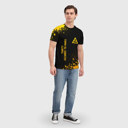 Мужская футболка 3D с принтом Thirty Seconds to Mars - gold gradient вертикально, вид сбоку #3