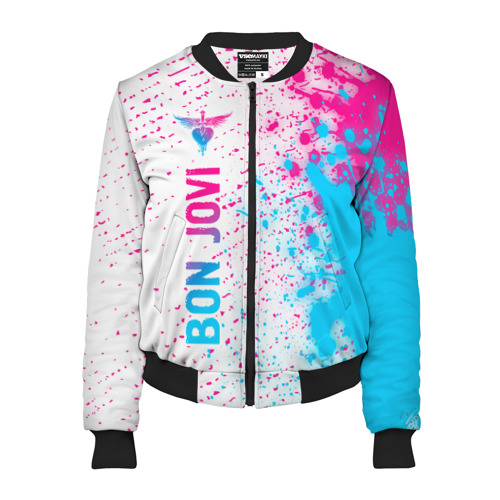 Женский бомбер 3D Bon Jovi neon gradient style по-вертикали, цвет черный