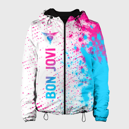 Женская куртка 3D Bon Jovi neon gradient style по-вертикали, цвет черный