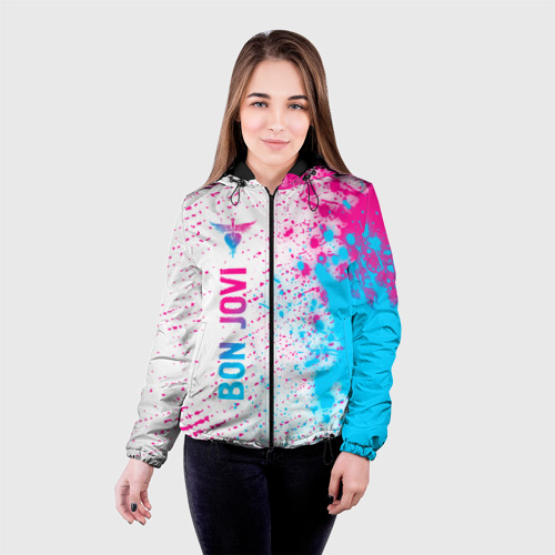 Женская куртка 3D Bon Jovi neon gradient style по-вертикали, цвет черный - фото 3