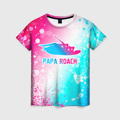Женская футболка 3D с принтом Papa Roach neon gradient style, вид спереди #2