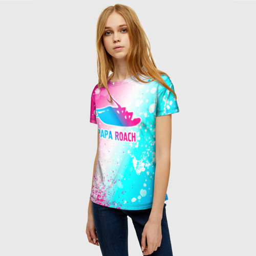 Женская футболка 3D с принтом Papa Roach neon gradient style, фото на моделе #1
