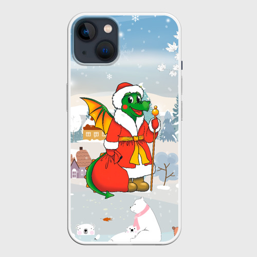 Чехол для iPhone 14 Plus с принтом Дракон Санта 2024, вид спереди №1