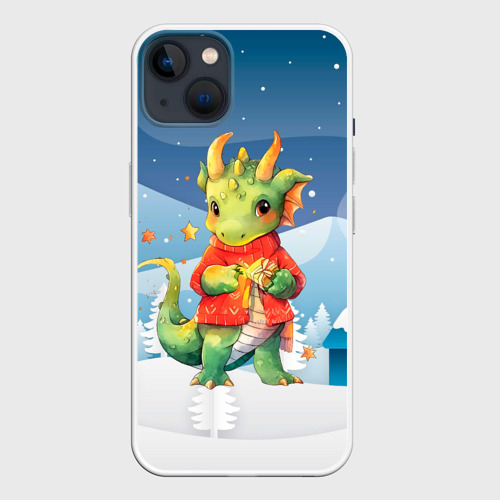 Чехол для iPhone 14 Plus с принтом Новогодний дракон в свитере, вид спереди №1