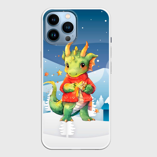 Чехол для iPhone 14 Pro Max с принтом Новогодний дракон в свитере, вид спереди №1