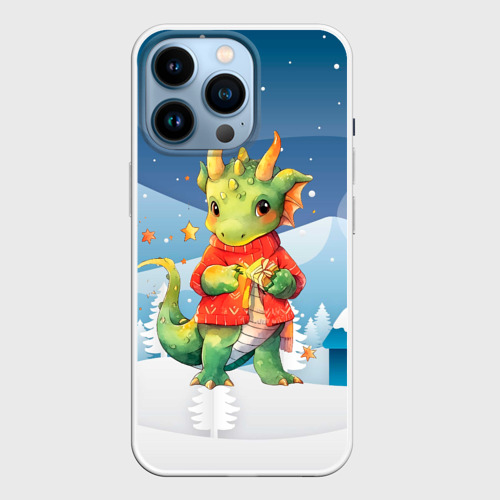 Чехол для iPhone 14 Pro с принтом Новогодний дракон в свитере, вид спереди №1