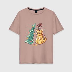 Женская футболка хлопок Oversize Волшебный новый год с котом