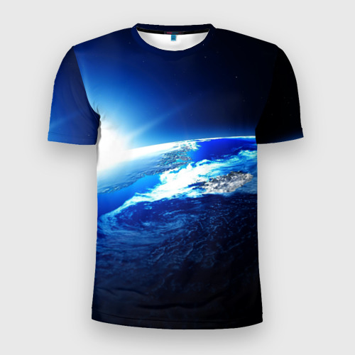 Мужская приталенная футболка с принтом Восход солнца в космосе, вид спереди №1