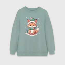 Женский свитшот oversize без начеса хлопок Милая новогодняя лисичка