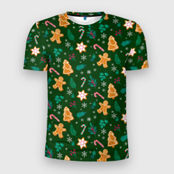 Мужская футболка 3D Slim New year pattern with green background