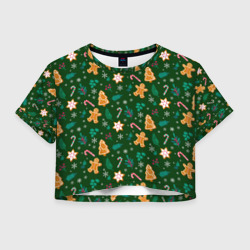 Женская футболка Crop-top 3D New year pattern with green background