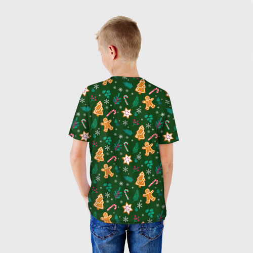 Детская футболка 3D с принтом New year pattern with green background, вид сзади #2
