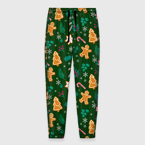 Мужские брюки с принтом New year pattern with green background, вид спереди №1