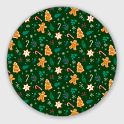 Круглый коврик для мышки New year pattern with green background