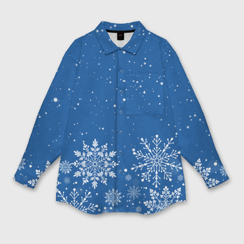 Женская рубашка oversize 3D Текстура снежинок на синем фоне, цвет белый
