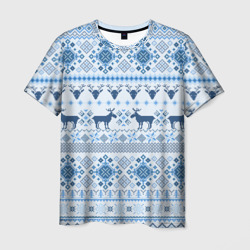 Мужская футболка 3D Blue sweater with reindeer