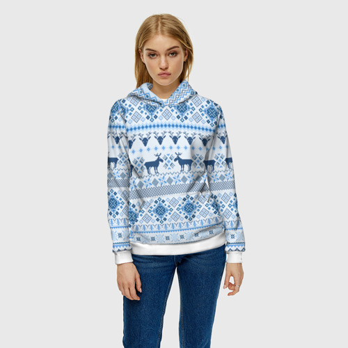 Женская толстовка 3D Blue sweater with reindeer, цвет 3D печать - фото 3