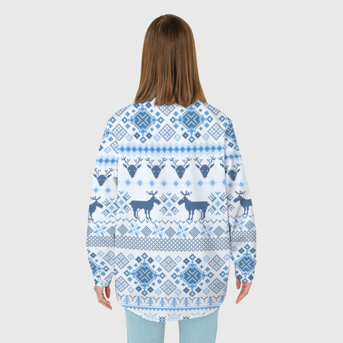 Женская рубашка oversize 3D с принтом Blue sweater with reindeer, вид сзади #2