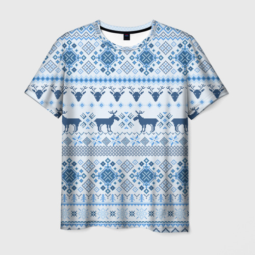 Мужская футболка 3D с принтом Blue sweater with reindeer, вид спереди #2