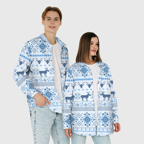 Женская рубашка oversize 3D с принтом Blue sweater with reindeer, фото #4