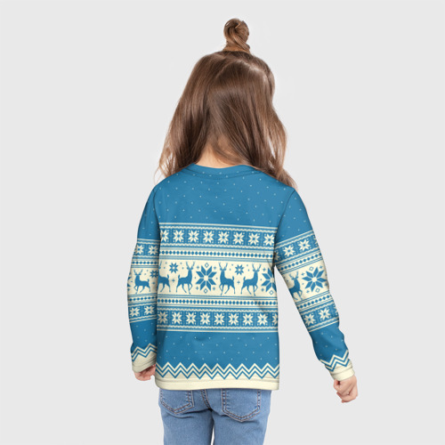 Детский лонгслив 3D с принтом Sweater with deer on a blue background, вид сзади #2