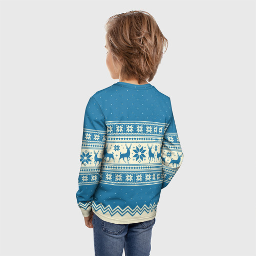 Детский лонгслив 3D с принтом Sweater with deer on a blue background, вид сзади #2