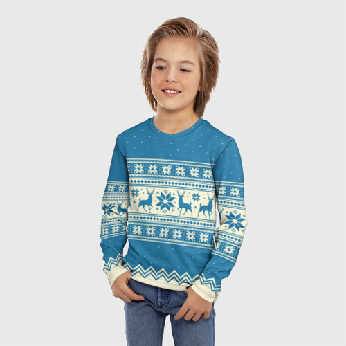 Детский лонгслив 3D с принтом Sweater with deer on a blue background, фото на моделе #1