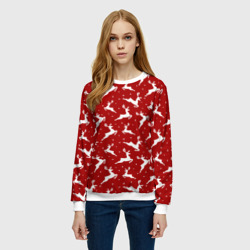 Женский свитшот 3D Красный паттерн с новогодними оленями - фото 2