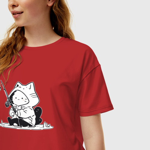 Женская футболка хлопок Oversize с принтом Котик рыбак, фото на моделе #1