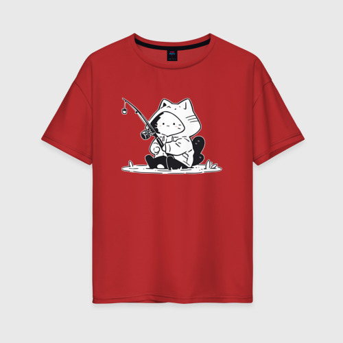 Женская футболка хлопок Oversize с принтом Котик рыбак, вид спереди #2